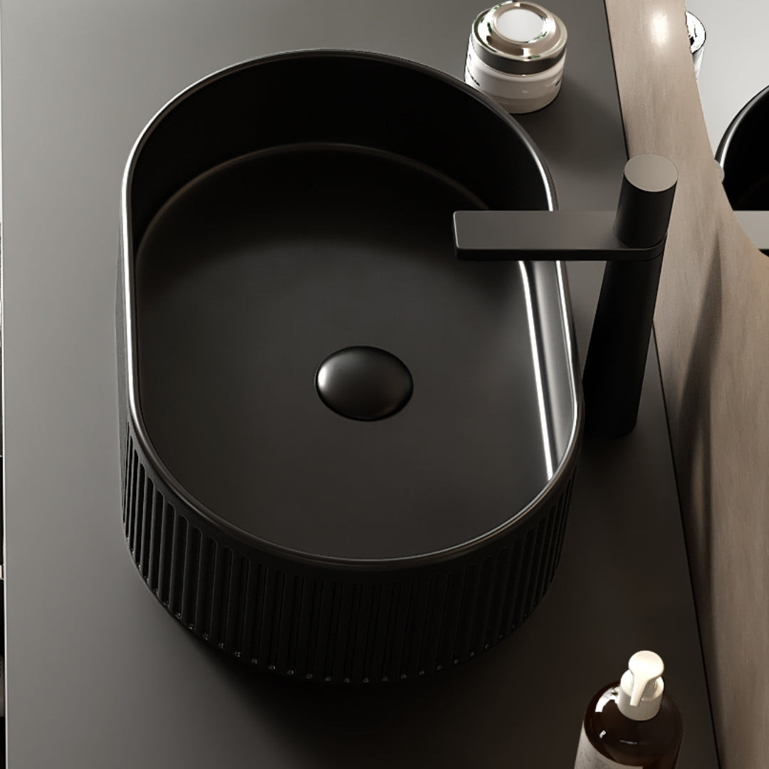 20'' Bathroom Sink, Oval Striped Vessel Ceramic Basin without Faucet, NO Cabinet, Black
