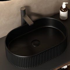 20'' Bathroom Sink, Oval Striped Vessel Ceramic Basin without Faucet, NO Cabinet, Black