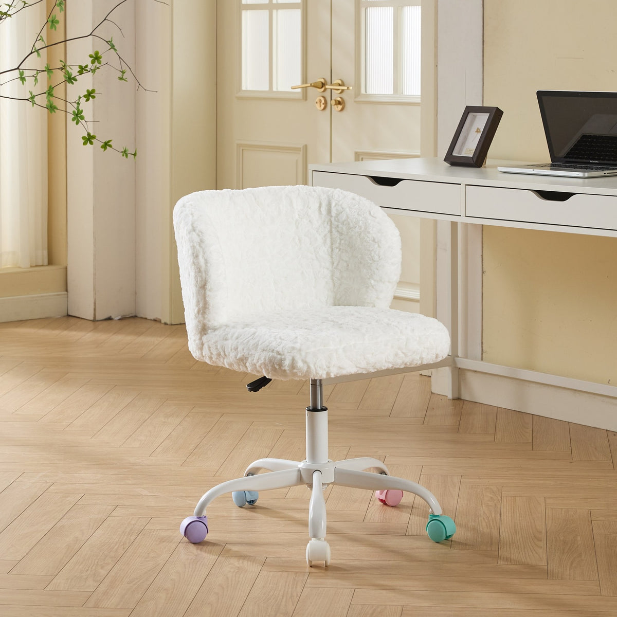 A&A Furniture Office Chair,Artificial rabbit hair Home Office Chair with Metal Base,Adjustable Desk Chair Swivel Office Chair,Vanity Chair(Ivory)