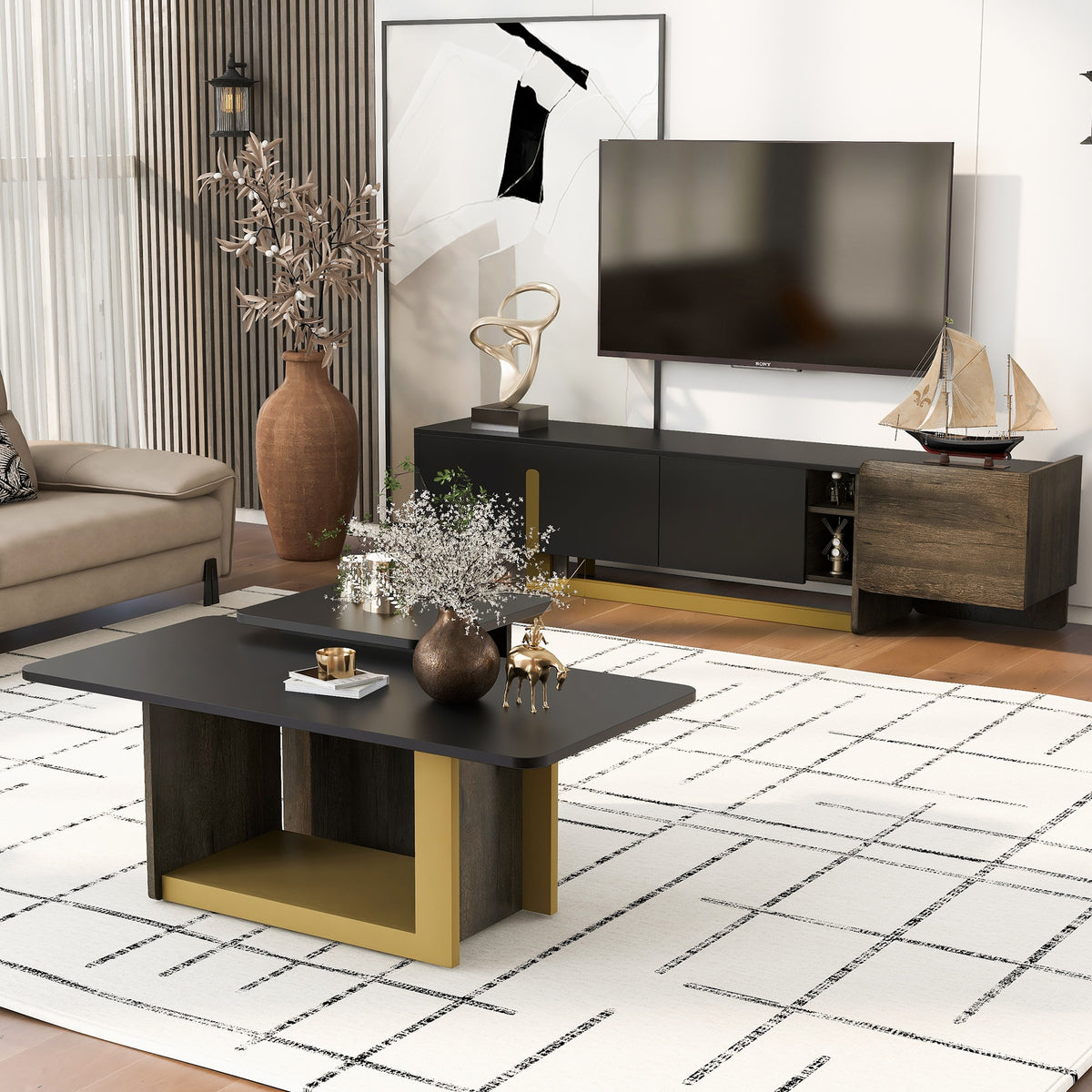 VIBE HAUS Modern Light Luxury TV Stand and Coffee Table Set of 2, Modern TV Console,Wood Center Tables with Spacious Top, Storage Cabinet & Open Adjustable Shelves for Living Room