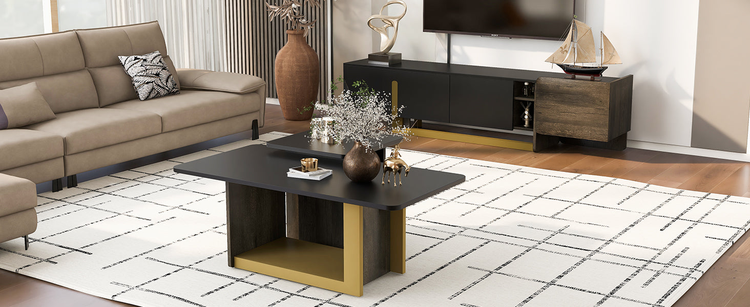 VIBE HAUS Modern Light Luxury TV Stand and Coffee Table Set of 2, Modern TV Console,Wood Center Tables with Spacious Top, Storage Cabinet & Open Adjustable Shelves for Living Room