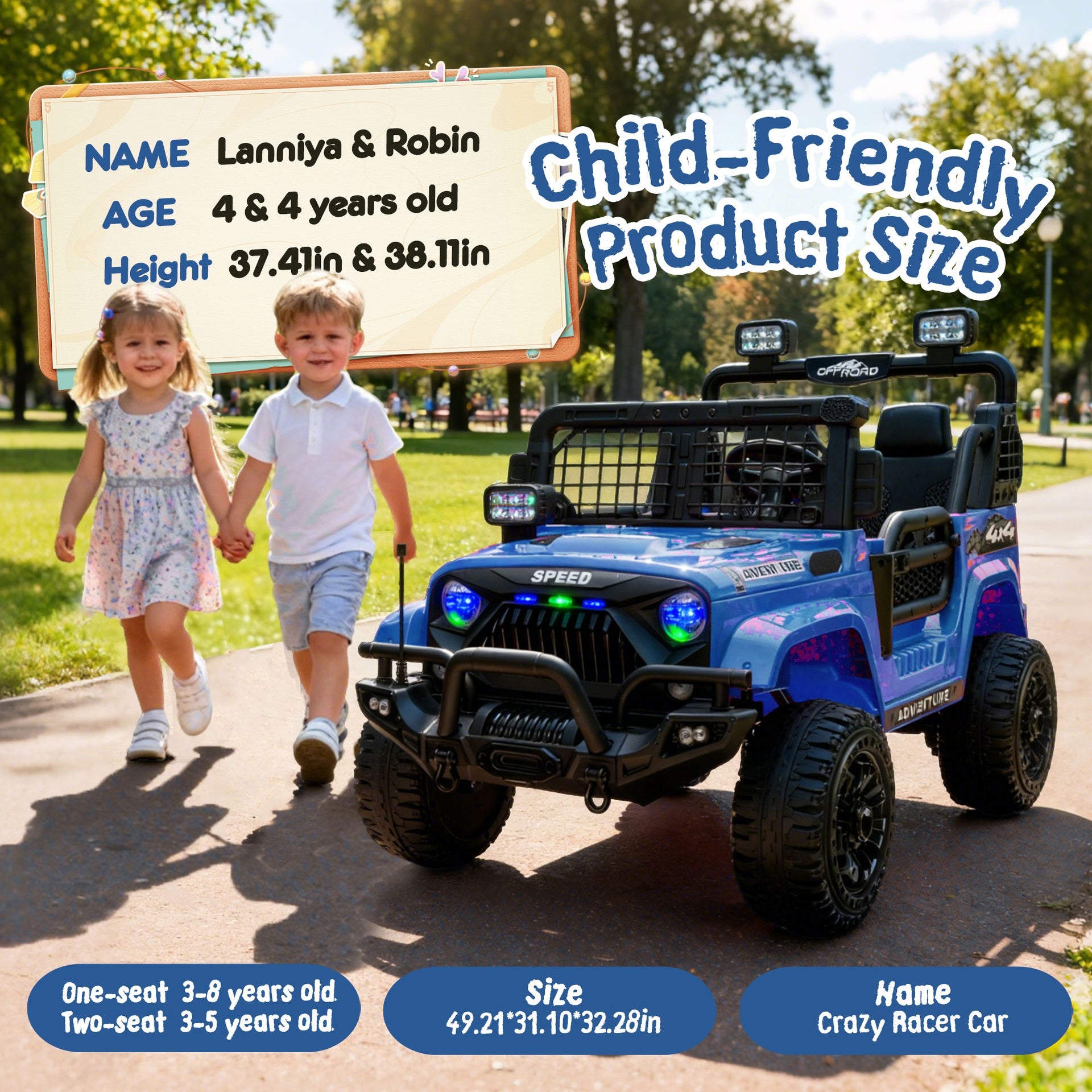 24V Two-seater Kids Ride On Electric Truck Car W/Parents Control,2wd,Four-wheel Suspension, 8.66in Ground Clearance, LED & Searchlights, Bluetooth, Music, Provide 3.11-4.97MPH Speed For Kids  Aged 2-6