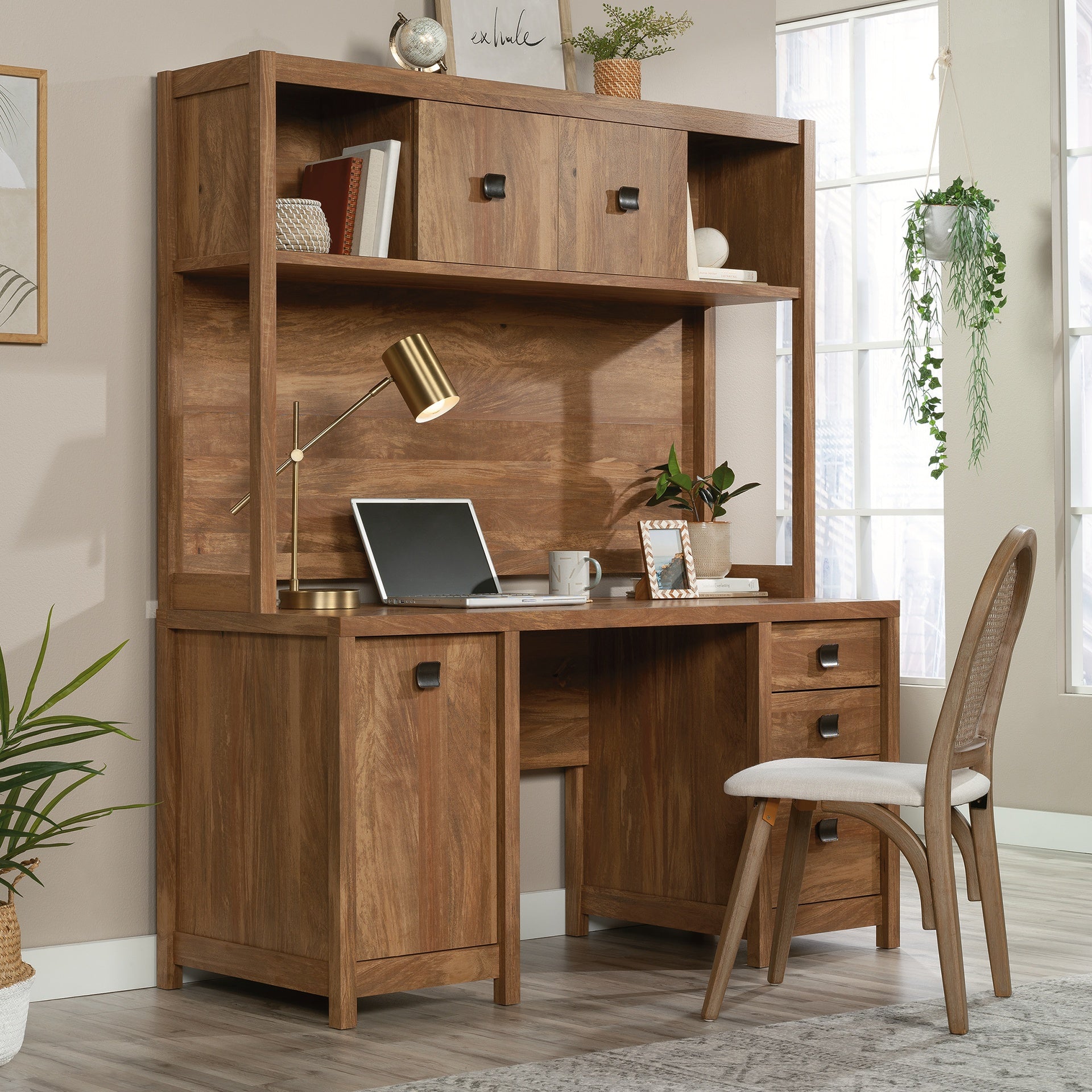 Hutch with Hidden Storage, Brown finish