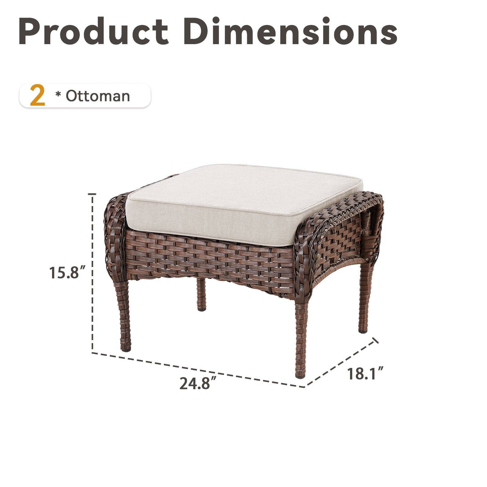 Outdoor PE Wicker Ottomans Set of 2, Patio Brown Rattan Footrests with Beige Cushion for Backyard or Deck
