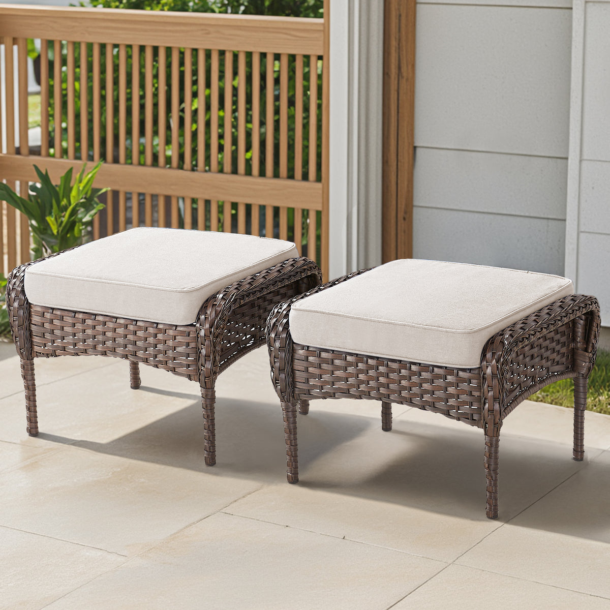 Outdoor PE Wicker Ottomans Set of 2, Patio Brown Rattan Footrests with Beige Cushion for Backyard or Deck