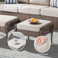Outdoor PE Wicker Ottomans Set of 2, Patio Brown Rattan Footrests with Beige Cushion for Backyard or Deck