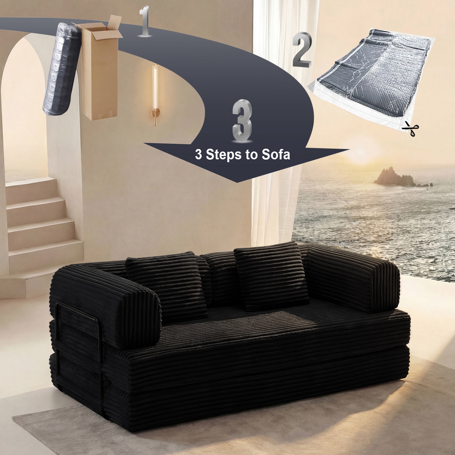 Compression Sofa,Convertible Floor Sofa Bed-with Pillow Back Support Armrest,Comfy Futon Couch Sleeper Bed,Loveseats Boneless Modular Sectional Sofa,Corduroy fabric,for Living Room,Bedroom,Black
