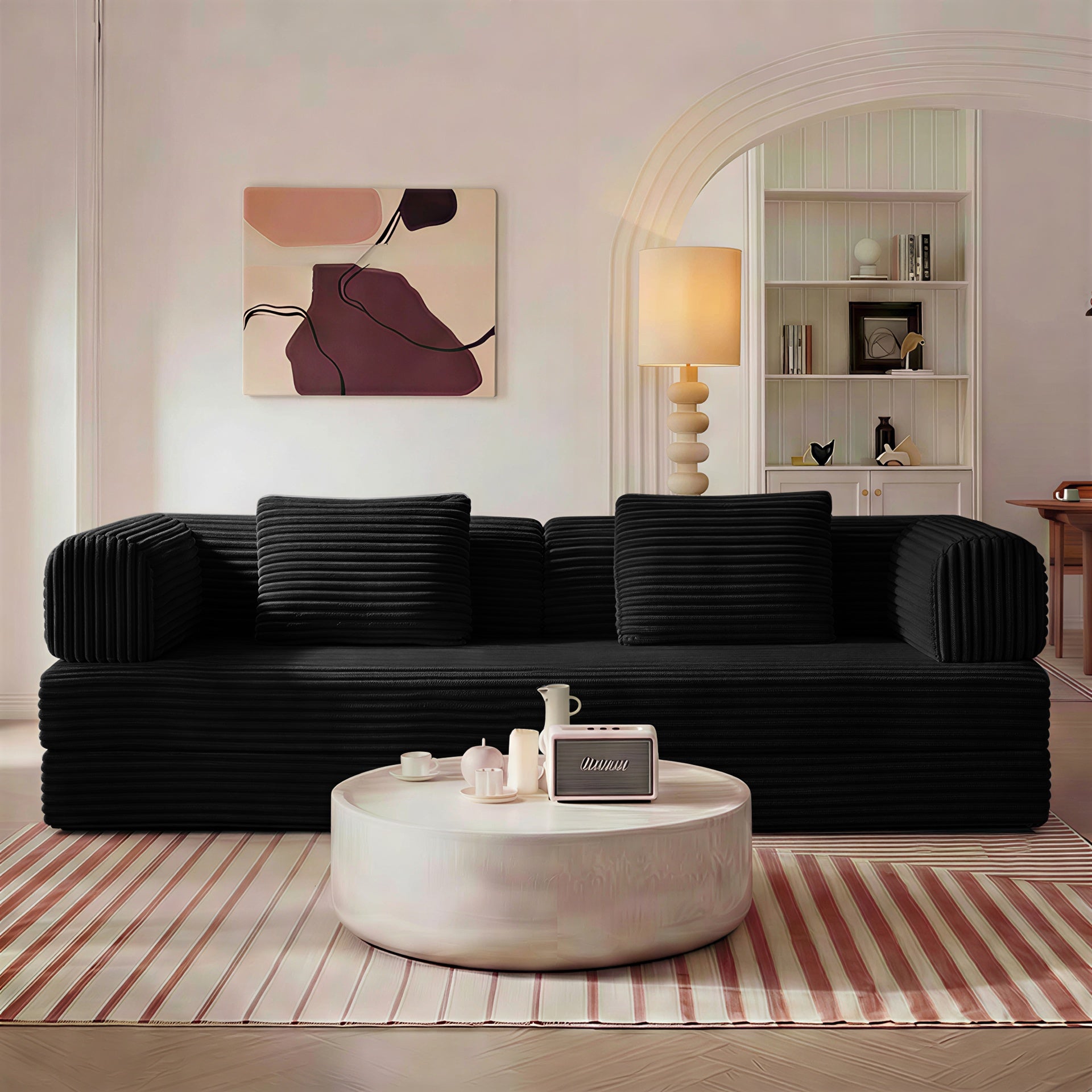 Compression Sofa,Convertible Floor Sofa Bed-with Pillow Back Support Armrest,Comfy Futon Couch Sleeper Bed,Loveseats Boneless Modular Sectional Sofa,Corduroy fabric,for Living Room,Bedroom,Black