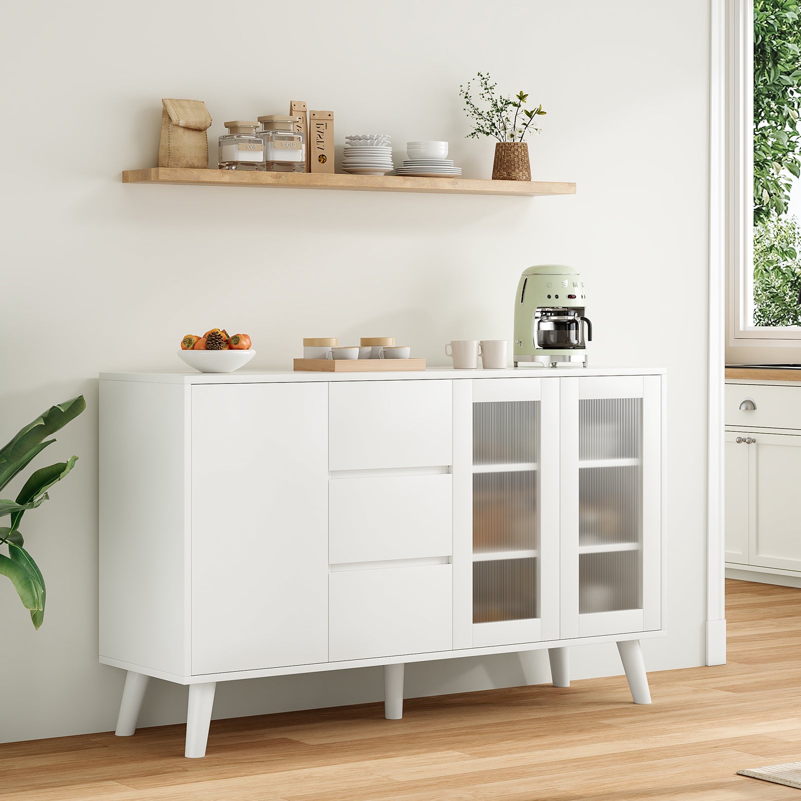 Farmhouse Buffet Cabinet, 55.5" Coffee Bar with 3 Drawers and Pop-Up Doors, Large Rustic Sideboard for Dining Room, Kitchen, Hallway, and Living Room