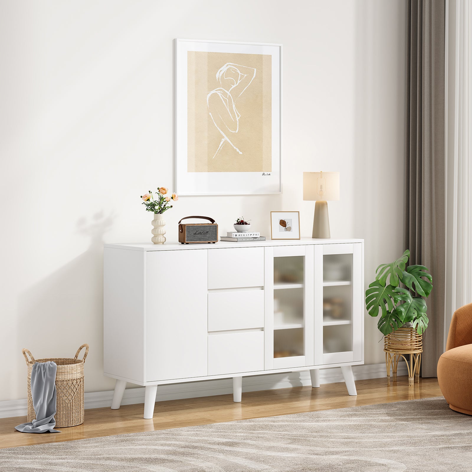 Farmhouse Buffet Cabinet, 55.5" Coffee Bar with 3 Drawers and Pop-Up Doors, Large Rustic Sideboard for Dining Room, Kitchen, Hallway, and Living Room