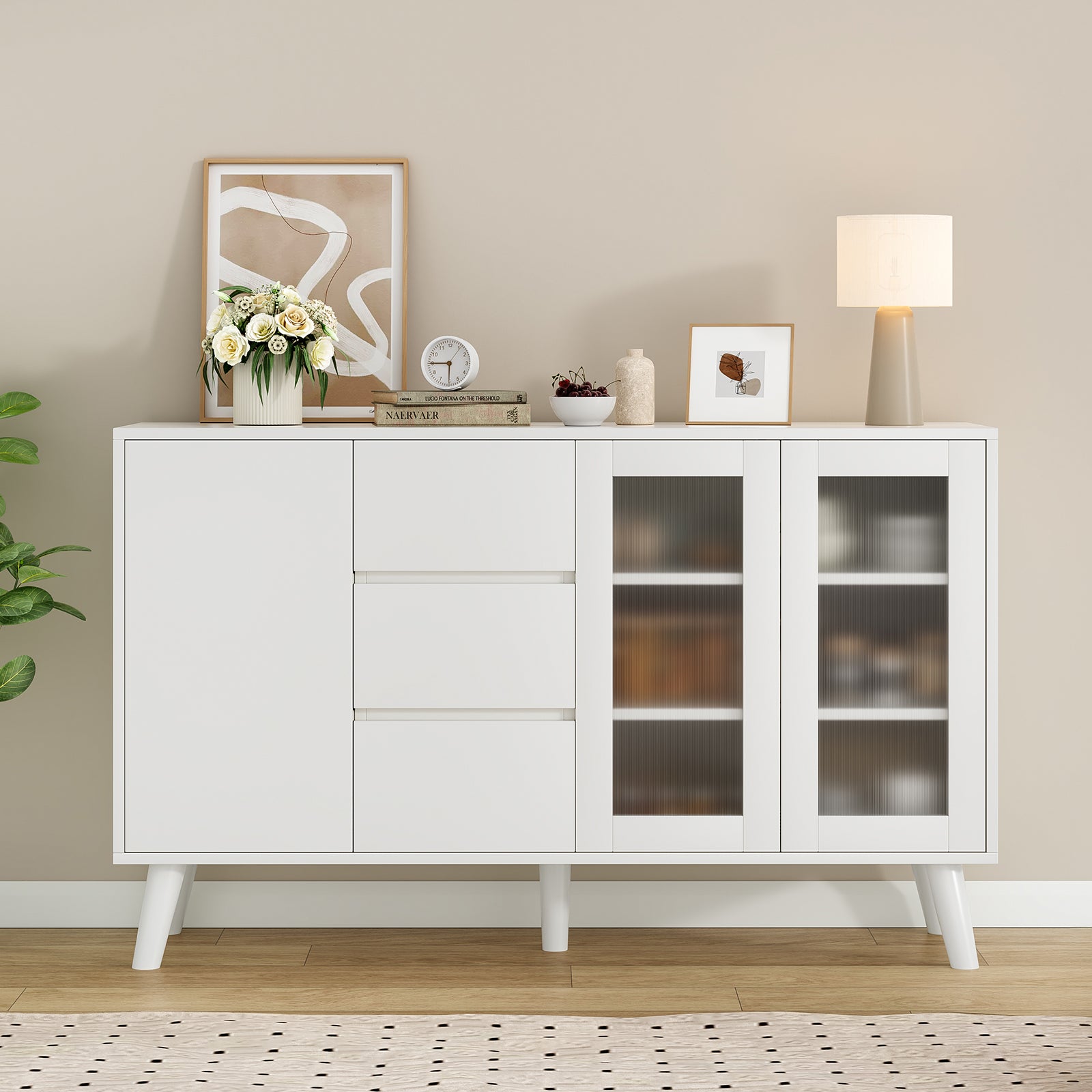 Farmhouse Buffet Cabinet, 55.5" Coffee Bar with 3 Drawers and Pop-Up Doors, Large Rustic Sideboard for Dining Room, Kitchen, Hallway, and Living Room