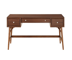 Brown Finish Stylish Writing Desk Storage Drawers Nickel Knob Hardware Walnut Veneer Wood Furniture