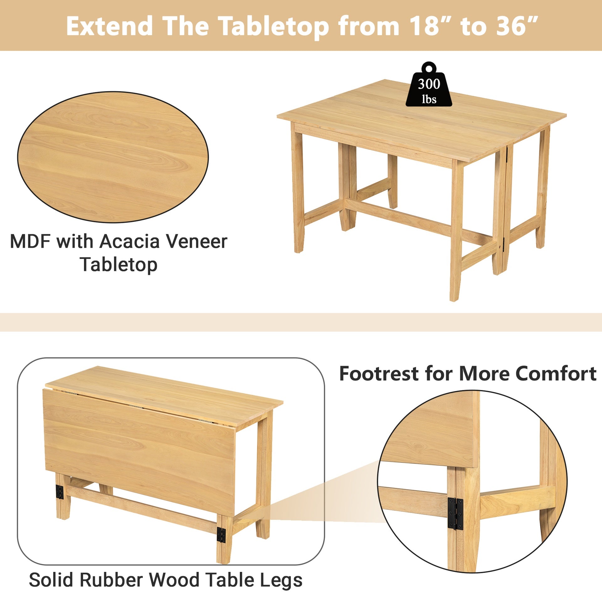 TOPMAX Farmhouse Wood Extendable Dining Table with Drop Leaf for Small Places, Natural
