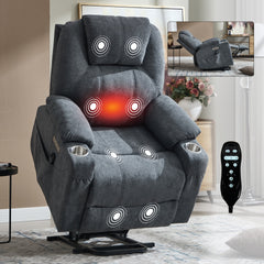 Up to 350 LBS polyester Power Lift Recliner Chair, Heavy Duty Motion Mechanism with 8-Point Vibration Massage and Lumbar Heating, USB and Type-C Ports, Stainless Steel Cup Holders, Grey