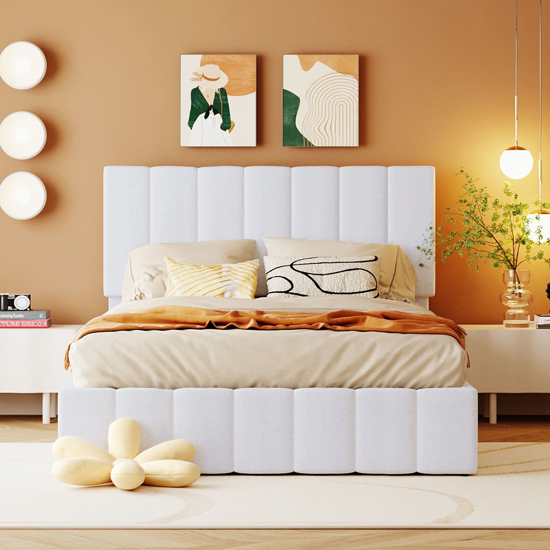 Full size Upholstered Platform bed with a Hydraulic Storage System - White