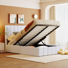 Full size Upholstered Platform bed with a Hydraulic Storage System - White