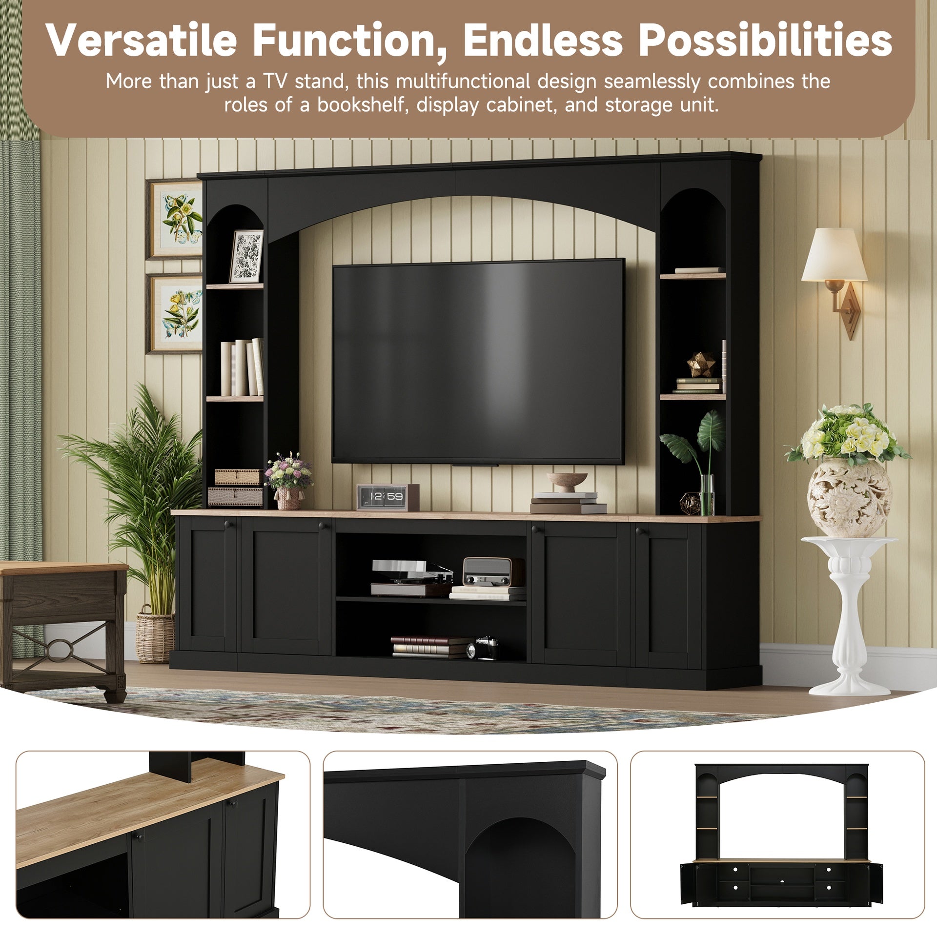 [Assembly Video] Elegant Arched Entertainment Center Wall Unit with Bookshelf, Farmhouse TV Stand with Wood Grain for TVs Up to 70", 91inch Media Console with Adjustable Shelves for Living Room, Black
