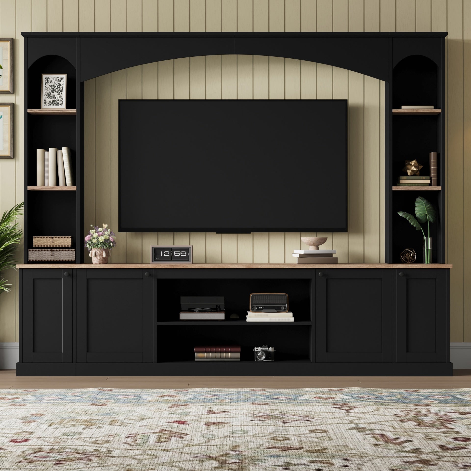 [Assembly Video] Elegant Arched Entertainment Center Wall Unit with Bookshelf, Farmhouse TV Stand with Wood Grain for TVs Up to 70", 91inch Media Console with Adjustable Shelves for Living Room, Black