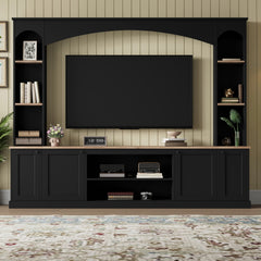 [Assembly Video] Elegant Arched Entertainment Center Wall Unit with Bookshelf, Farmhouse TV Stand with Wood Grain for TVs Up to 70", 91inch Media Console with Adjustable Shelves for Living Room, Black