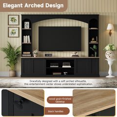 [Assembly Video] Elegant Arched Entertainment Center Wall Unit with Bookshelf, Farmhouse TV Stand with Wood Grain for TVs Up to 70", 91inch Media Console with Adjustable Shelves for Living Room, Black