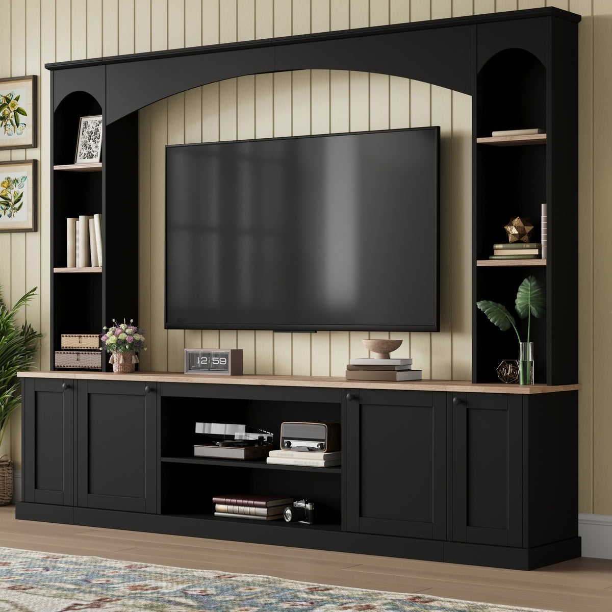 [Assembly Video] Elegant Arched Entertainment Center Wall Unit with Bookshelf, Farmhouse TV Stand with Wood Grain for TVs Up to 70", 91inch Media Console with Adjustable Shelves for Living Room, Black