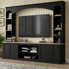 [Assembly Video] Elegant Arched Entertainment Center Wall Unit with Bookshelf, Farmhouse TV Stand with Wood Grain for TVs Up to 70", 91inch Media Console with Adjustable Shelves for Living Room, Black