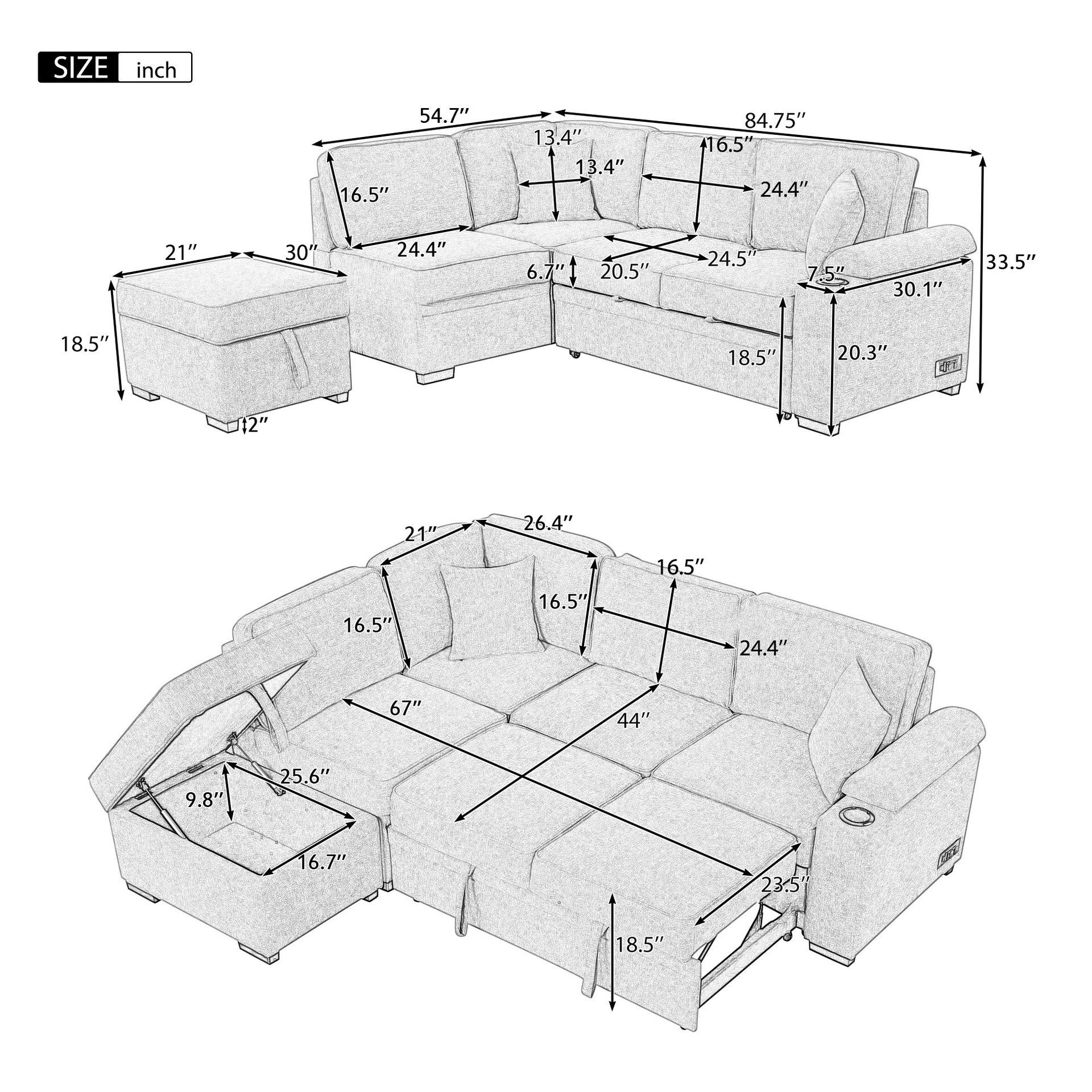 84.75" Sleeper Sofa Bed,2 in 1 Pull Out sofa bed L Shape Couch with Storage Ottoman for Living Room,Bedroom Couch and Small Apartment, Black