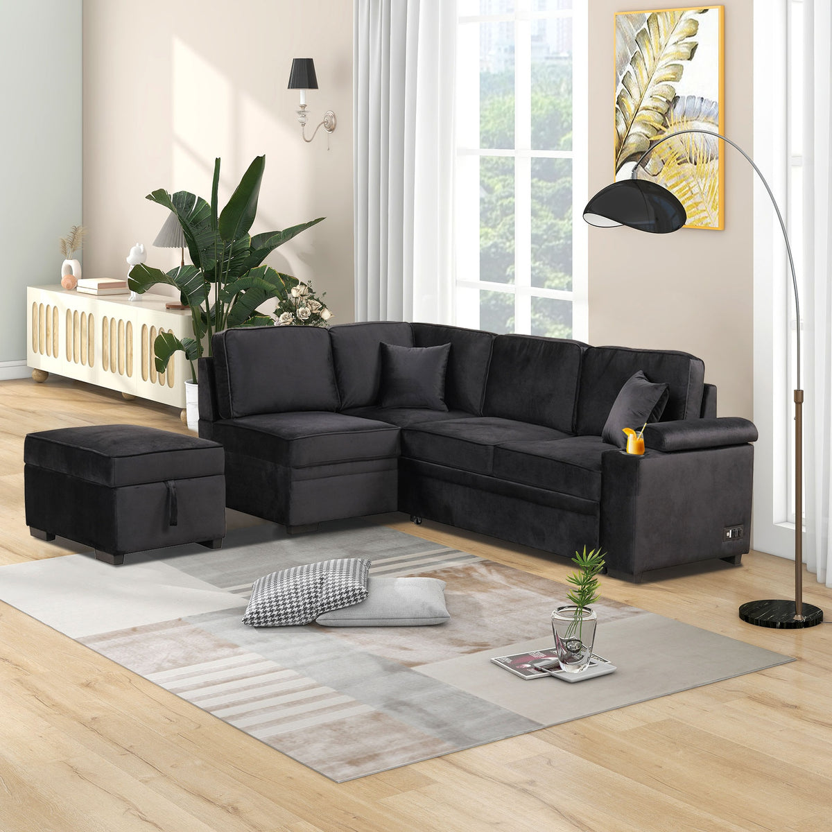 84.75" Sleeper Sofa Bed,2 in 1 Pull Out sofa bed L Shape Couch with Storage Ottoman for Living Room,Bedroom Couch and Small Apartment, Black