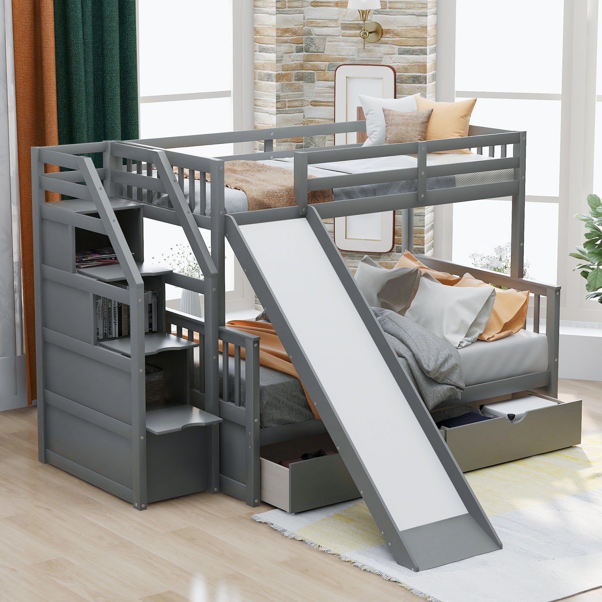 Twin over Full Bunk Bed with Drawers,Storage and Slide, Multifunction, Gray