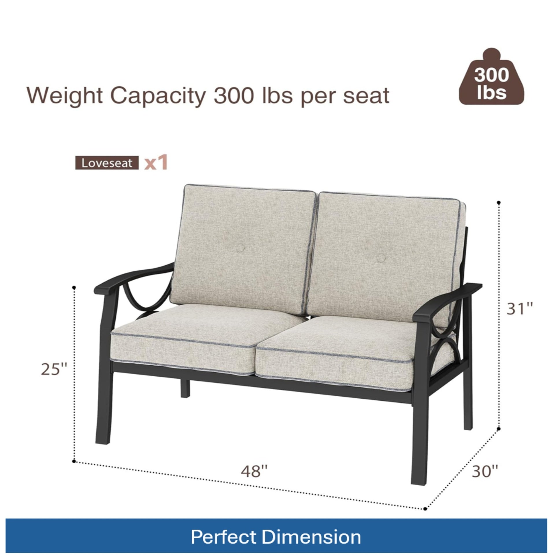 48" All-Weather Metal Loveseat 2 Seats Couch Sofa with Beige Cushions with Khaki Frame
