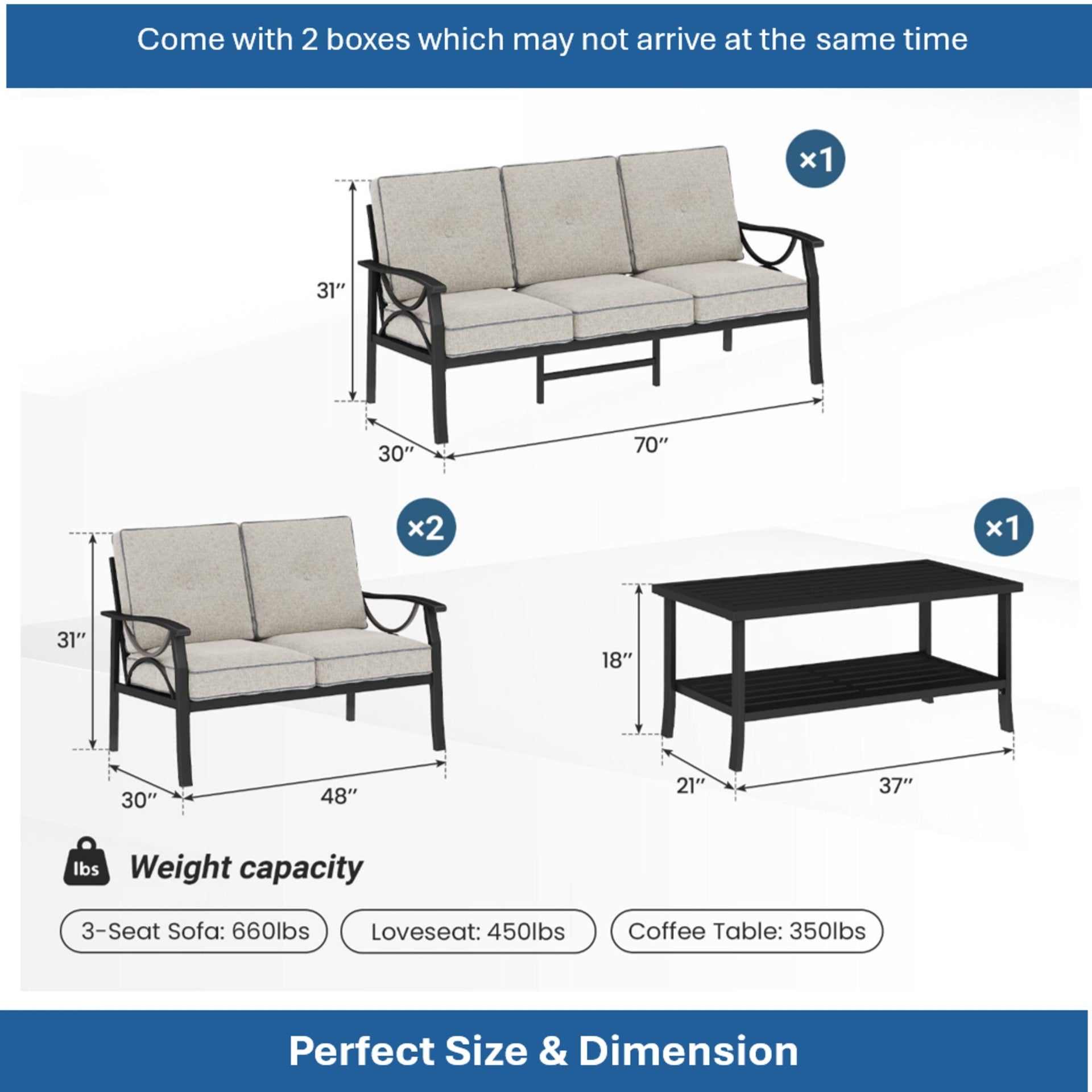 3-Piece Metal Patio Furniture Set, 5-Seat All-Weather Conversation Sofa with 4 Inches Thick Gray Cushions, Black Frame, Coffee Table for Porch Backyard Garden