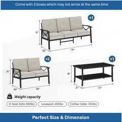 3-Piece Metal Patio Furniture Set, 5-Seat All-Weather Conversation Sofa with 4 Inches Thick Gray Cushions, Black Frame, Coffee Table for Porch Backyard Garden