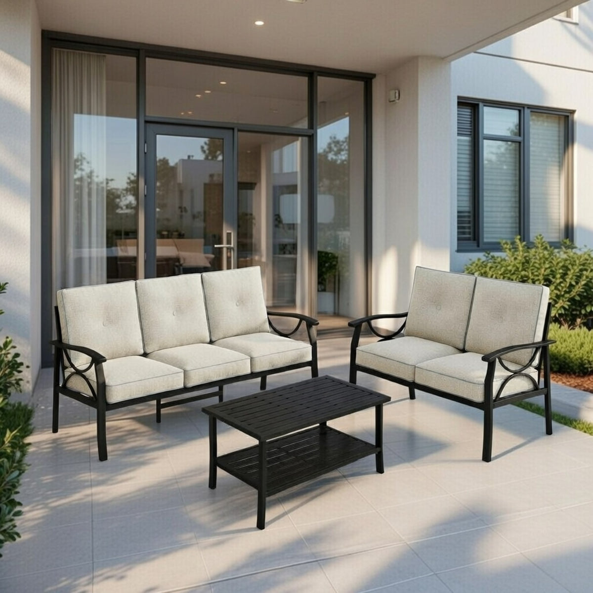 3-Piece Metal Patio Furniture Set, 5-Seat All-Weather Conversation Sofa with 4 Inches Thick Gray Cushions, Black Frame, Coffee Table for Porch Backyard Garden