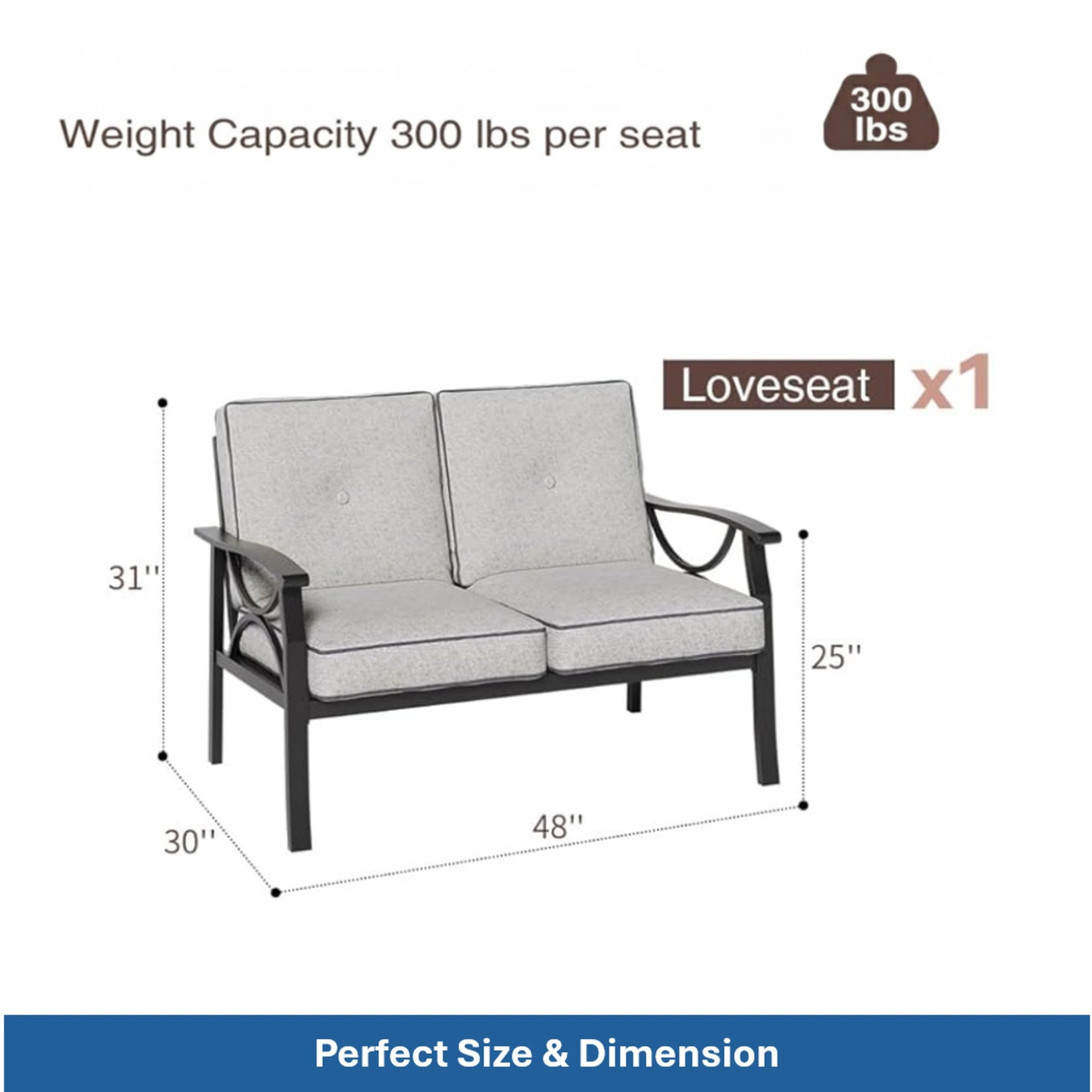 3-Piece Metal Patio Furniture Set, 5-Seat All-Weather Conversation Sofa with 4 Inches Thick Gray Cushions, Black Frame, Coffee Table for Porch Backyard Garden