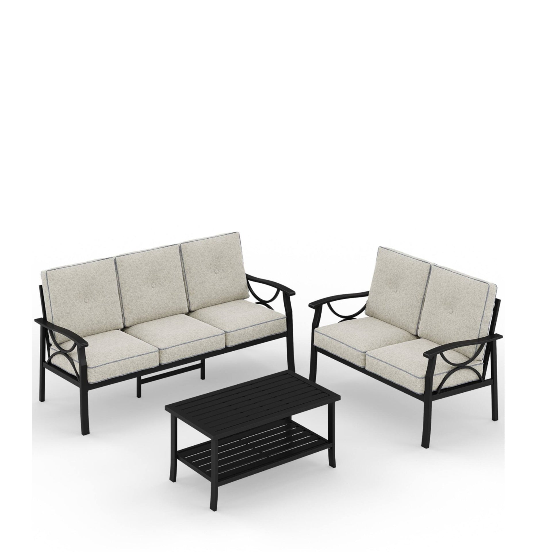 3-Piece Metal Patio Furniture Set, 5-Seat All-Weather Conversation Sofa with 4 Inches Thick Gray Cushions, Black Frame, Coffee Table for Porch Backyard Garden