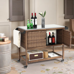 Outdoor Wicker Bar Cart, Patio Wine Serving Cart w/Wheels, Rolling Rattan Beverage Bar Counter Table with stainless steel  Top for Porch Backyard Garden Poolside Party, Brown