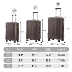 20"/24"/28" 3 pcs/set in ABS Spinner Wheel Luggage, Carry on Suitcase, Matching Color, TSA Combination Lock (Brown)