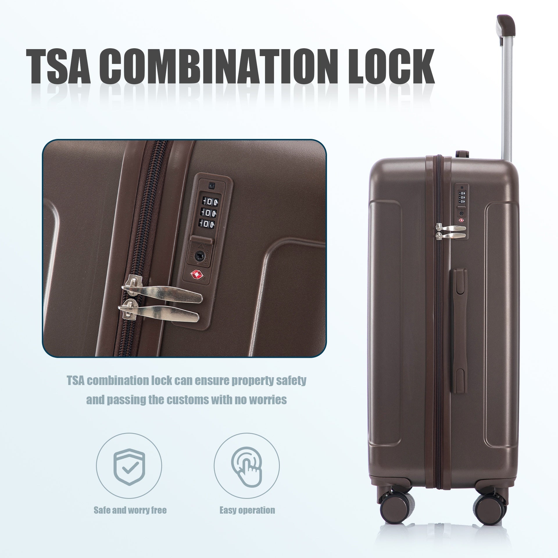 20"/24"/28" 3 pcs/set in ABS Spinner Wheel Luggage, Carry on Suitcase, Matching Color, TSA Combination Lock (Brown)