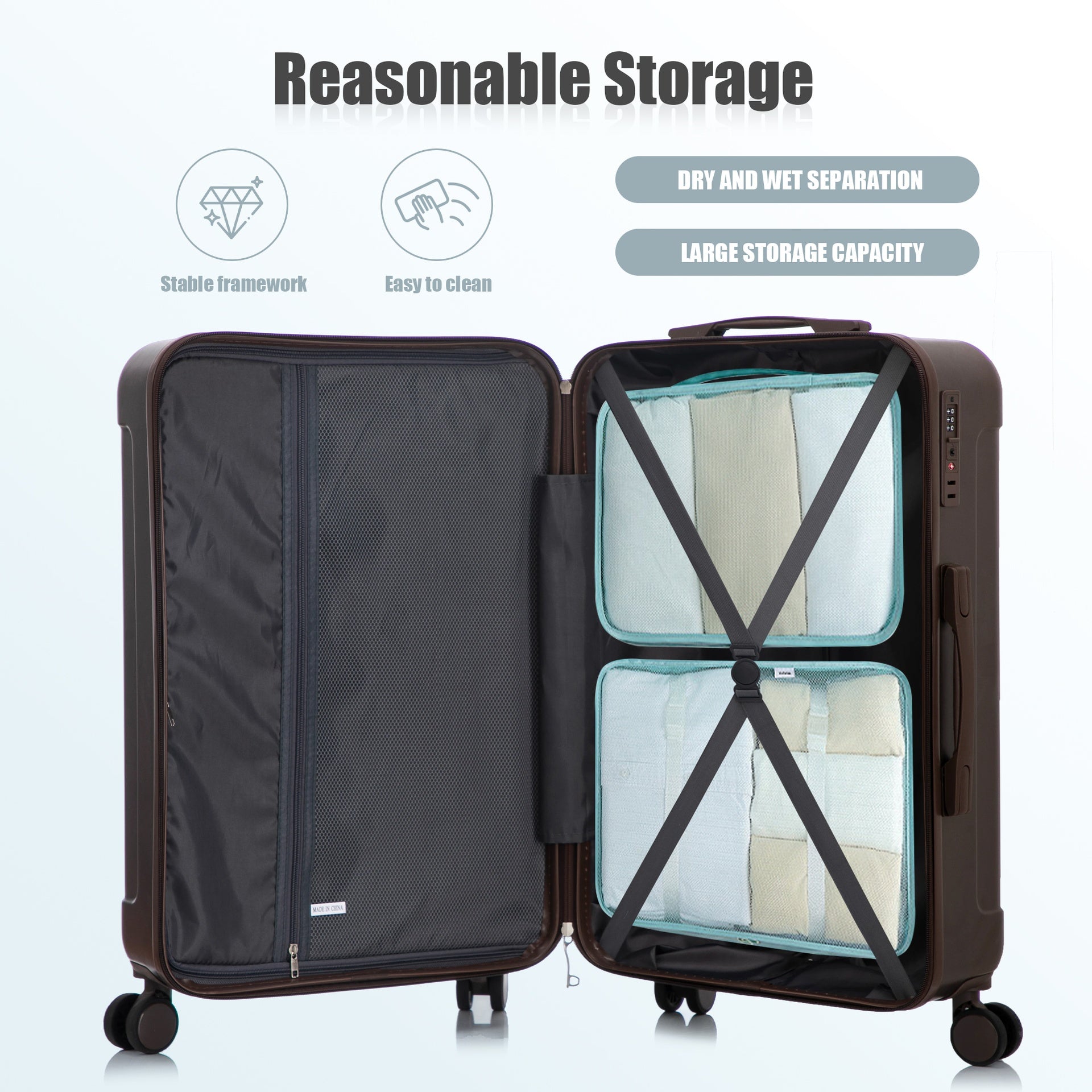20"/24"/28" 3 pcs/set in ABS Spinner Wheel Luggage, Carry on Suitcase, Matching Color, TSA Combination Lock (Brown)