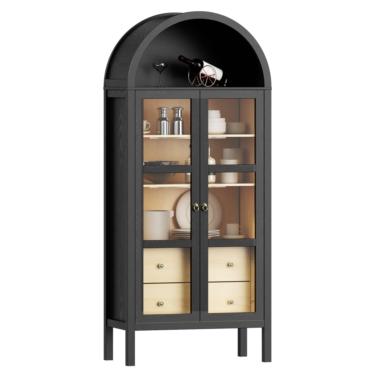 Modern Farmhouse Arched Cabinet with Glass Doors,72" Tall Auto Sensor Light Arch Storage Cabinet with Height Adjustable Shelf and 2 Drawers Display Bookshelf in Black Oak Wood Grain