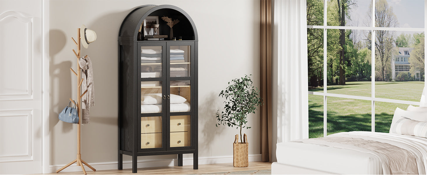 Modern Farmhouse Arched Cabinet with Glass Doors,72" Tall Auto Sensor Light Arch Storage Cabinet with Height Adjustable Shelf and 2 Drawers Display Bookshelf in Black Oak Wood Grain