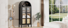 Modern Farmhouse Arched Cabinet with Glass Doors,72" Tall Auto Sensor Light Arch Storage Cabinet with Height Adjustable Shelf and 2 Drawers Display Bookshelf in Black Oak Wood Grain