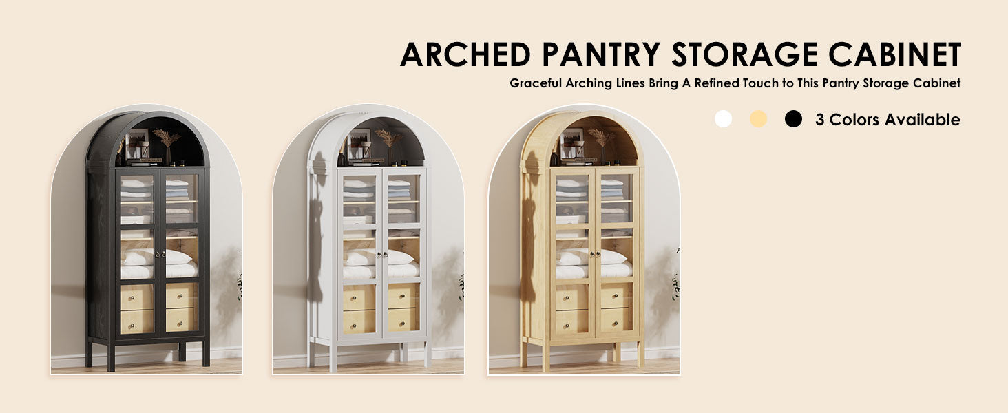 Modern Farmhouse Arched Cabinet with Glass Doors,72" Tall Auto Sensor Light Arch Storage Cabinet with Height Adjustable Shelf and 2 Drawers Display Bookshelf in Black Oak Wood Grain