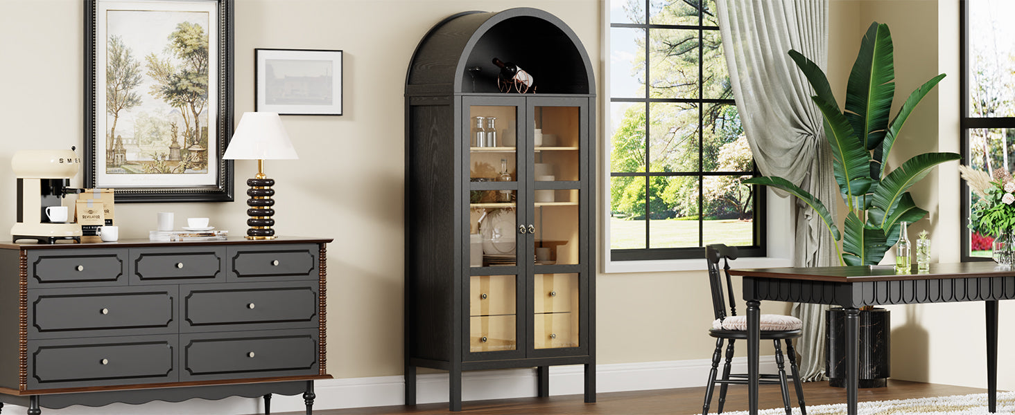 Modern Farmhouse Arched Cabinet with Glass Doors,72" Tall Auto Sensor Light Arch Storage Cabinet with Height Adjustable Shelf and 2 Drawers Display Bookshelf in Black Oak Wood Grain