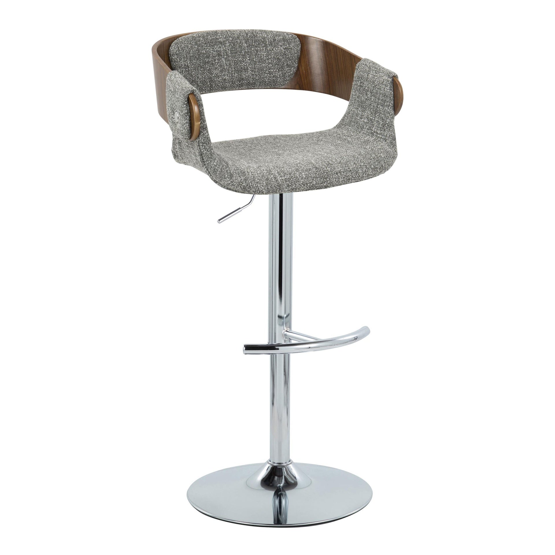 Elisa Mid-Century Modern Adjustable Barstool with Swivel in Chrome Metal, Walnut Wood and Grey Fabric with Rounded T Footrest by LumiSource - Set of 2
