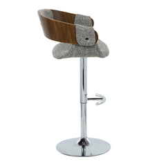 Elisa Mid-Century Modern Adjustable Barstool with Swivel in Chrome Metal, Walnut Wood and Grey Fabric with Rounded T Footrest by LumiSource - Set of 2