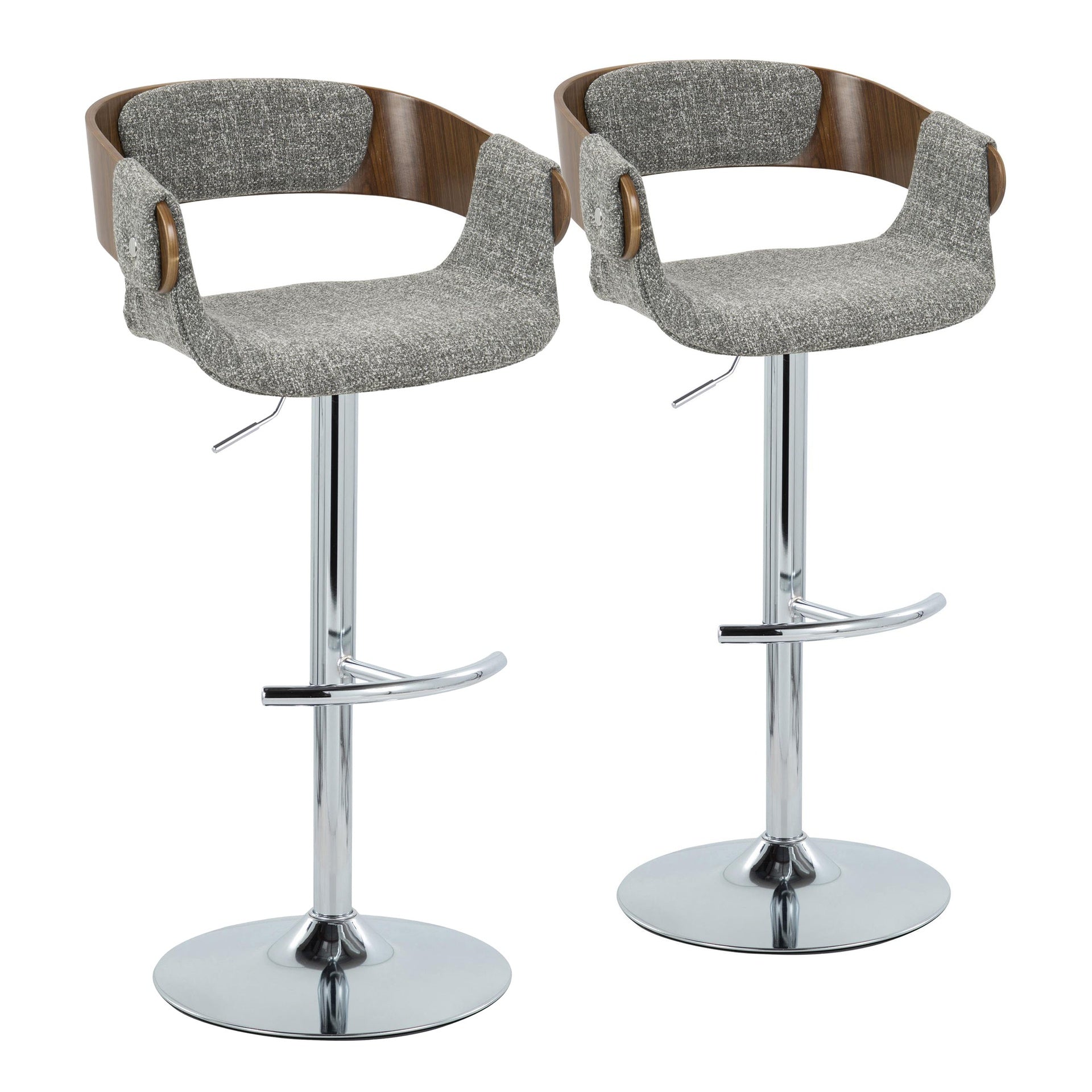 Elisa Mid-Century Modern Adjustable Barstool with Swivel in Chrome Metal, Walnut Wood and Grey Fabric with Rounded T Footrest by LumiSource - Set of 2