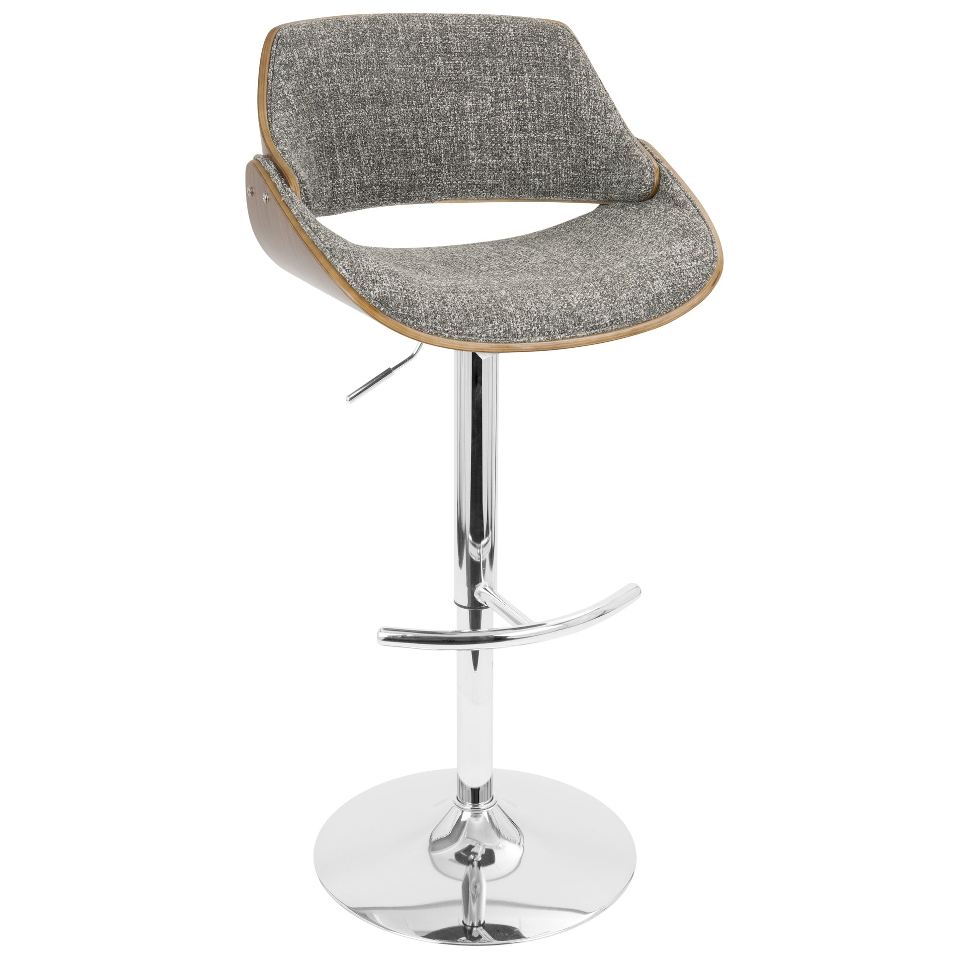 Fabrizzi Mid-Century Modern Adjustable Barstool with Swivel in Chrome, Walnut and Grey Noise Fabric by LumiSource - Set of 2