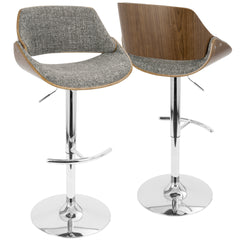 Fabrizzi Mid-Century Modern Adjustable Barstool with Swivel in Chrome, Walnut and Grey Noise Fabric by LumiSource - Set of 2