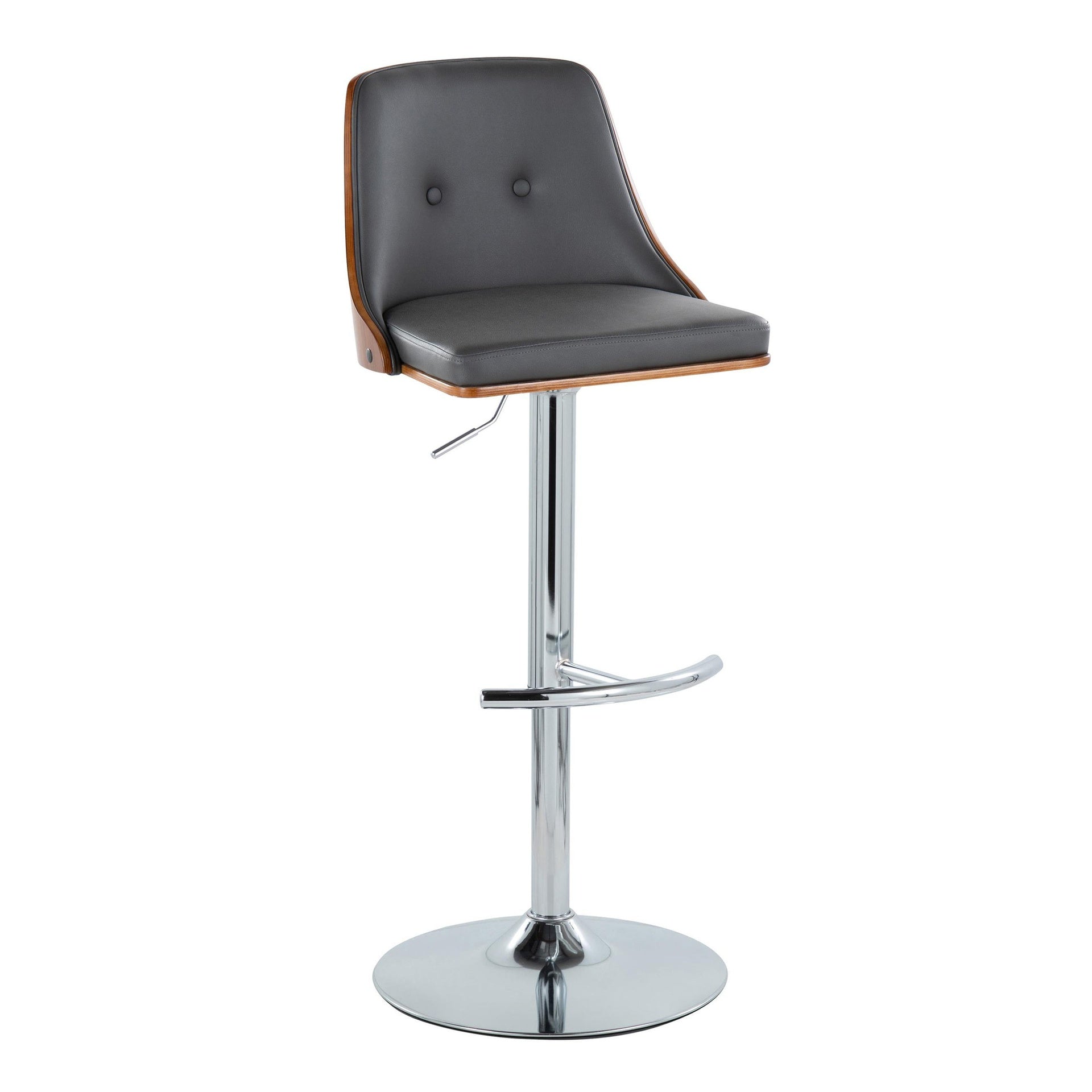 Gianna Mid-Century Modern Adjustable Barstool with Swivel in Chrome Metal, Walnut Wood and Grey Faux Leather with Rounded T Footrest by LumiSource - Set of 2